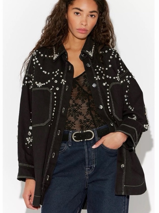 Free People Jackets & Blazers - Free People Black Studded Oversized Jean Jacket